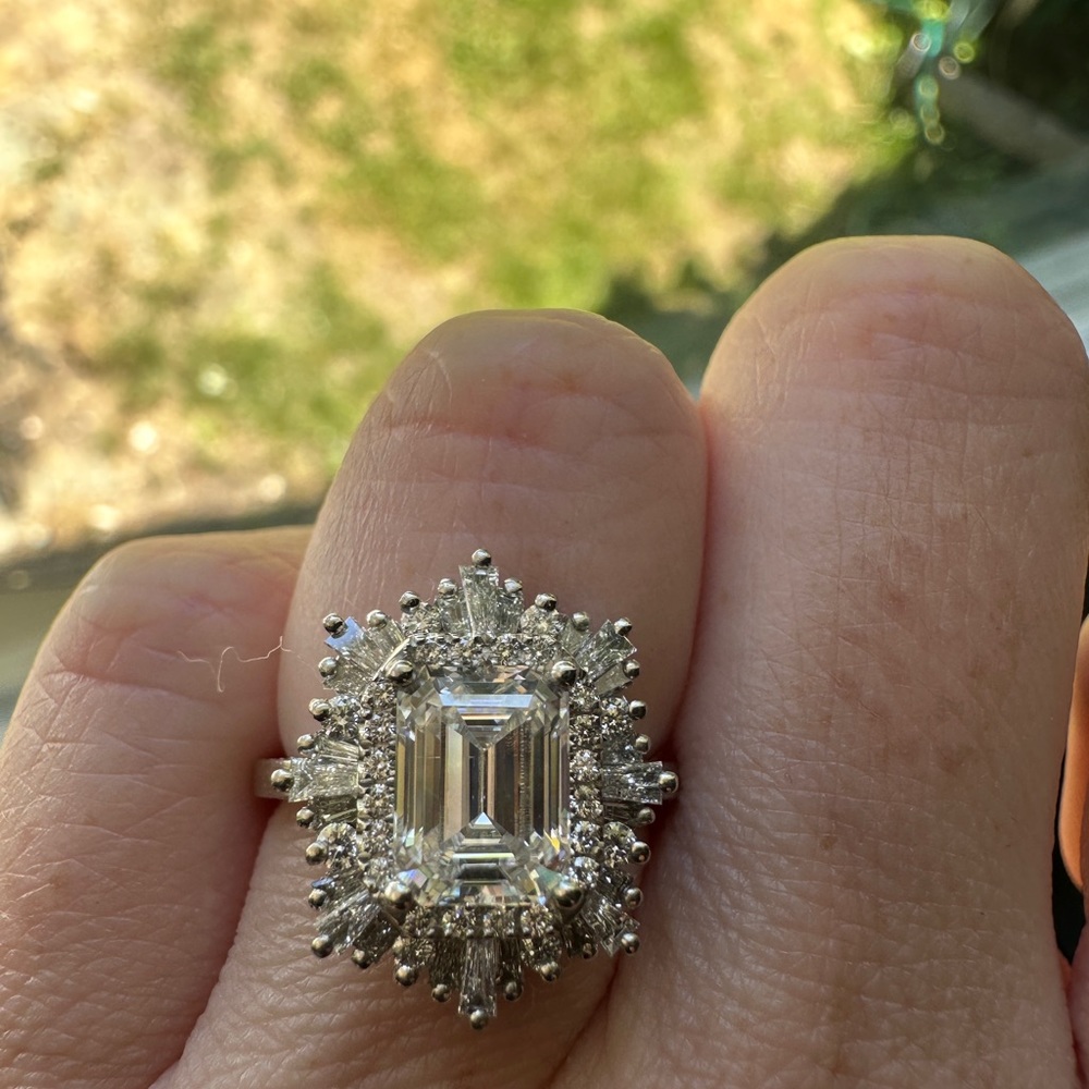 Heidi Gibson Octagon Gatsby emerald cut moissanite diamonds set in platinum